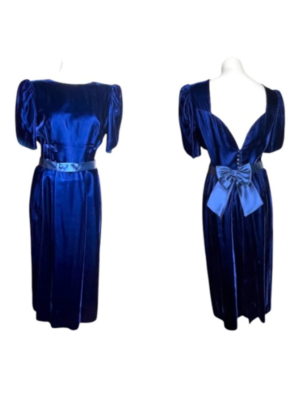 Vintage Lanz Originals Blue Velvet Low Back Bow Party Dress USA Rayon Size 12